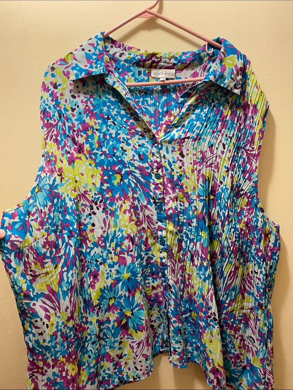 Fashion Bug 4X Blue, Purple & Yellow Floral Pleated Sleeveless Blouse Fairycore